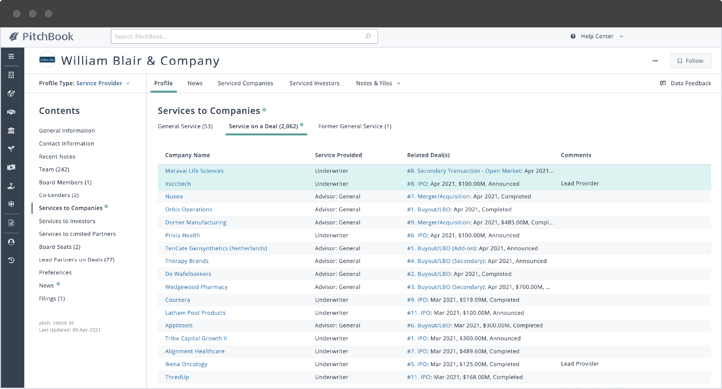 PitchBook advisor profile showing William Blair & Company’s services on deals.