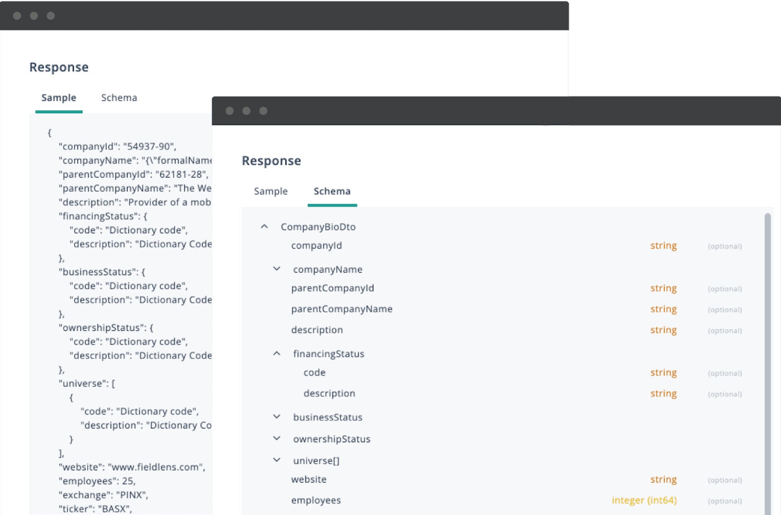 PitchBook API company bio response example and schema.
