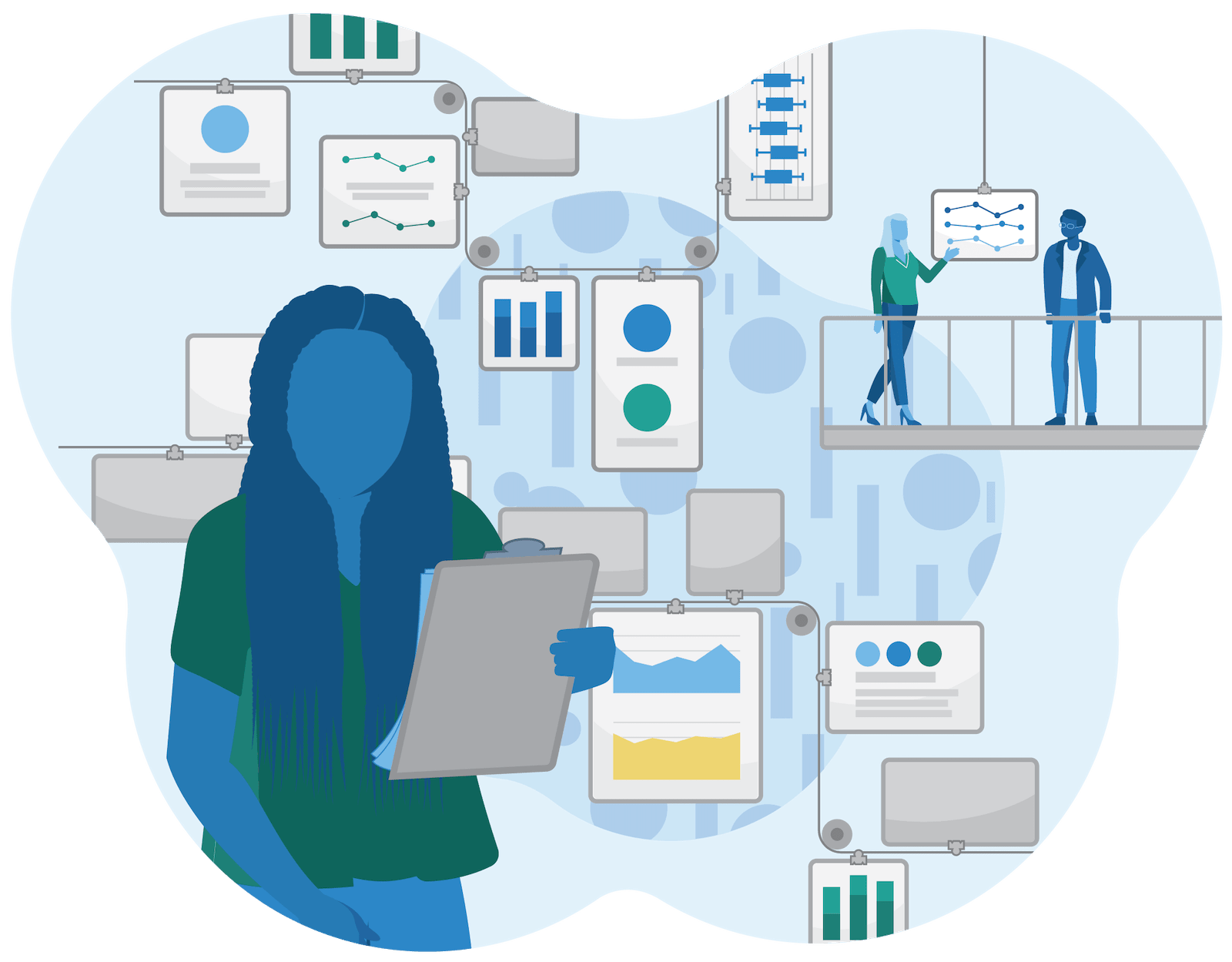 Illustration of researcher supervising data collection process while two colleagues discuss a line chart.