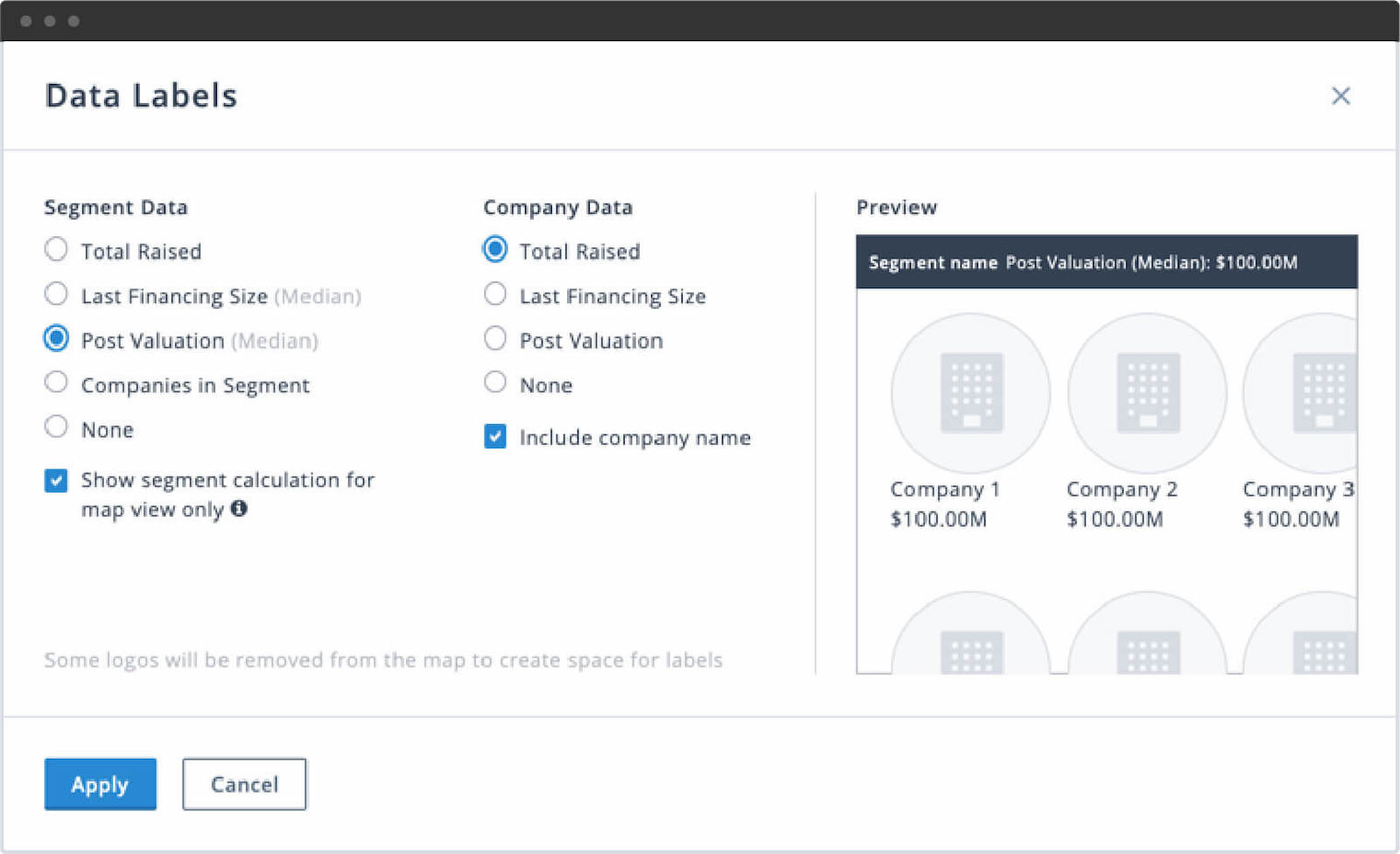 PitchBook market maps data labels dialog box for segment data and company data.