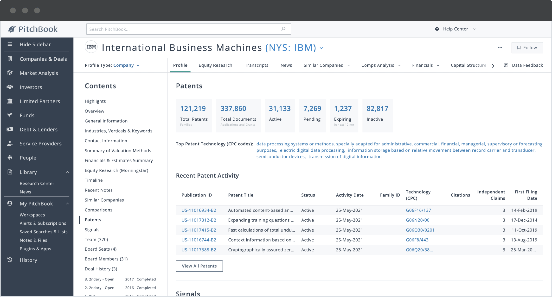 PitchBook patent data for International Business Machines showing patent counts and recent patent activity. 