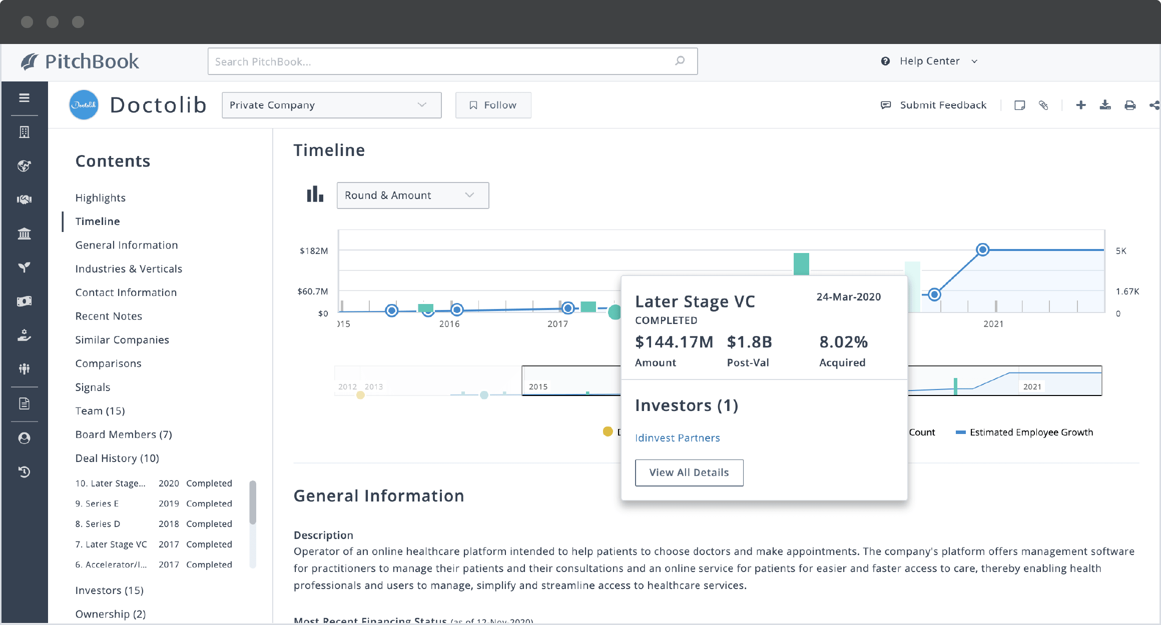 PitchBook company profile showing Doctolib’s financing timeline with highlight on March 2020 $144.17M later stage VC deal.