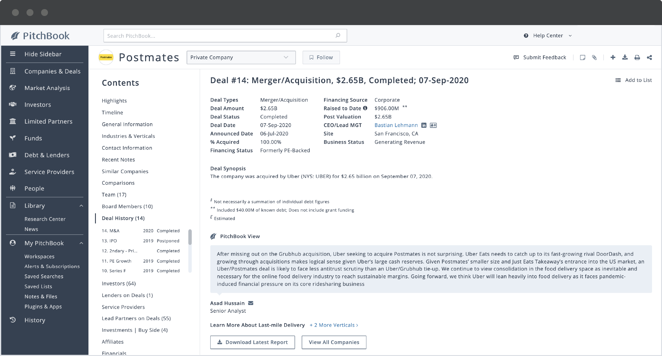 PitchBook company profile showing details of Postmates’ September 2020 M&A deal.