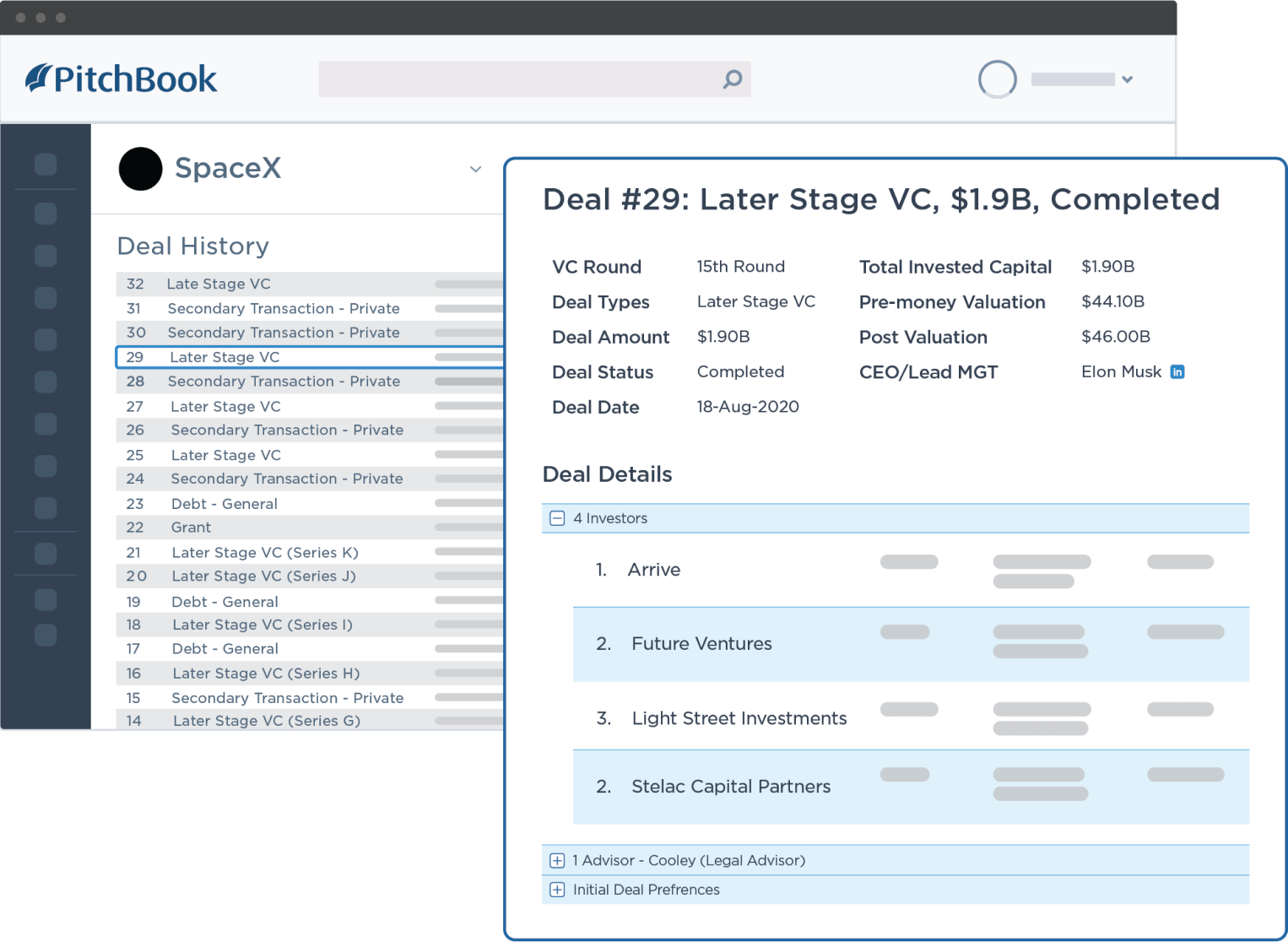 PitchBook's data on SpaceX's August 2020 $1.9B later stage VC deal including investors and advisors.