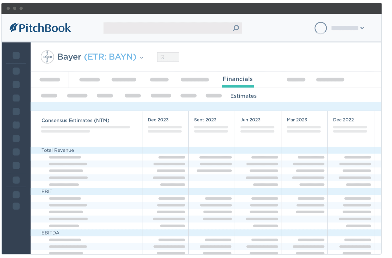 PitchBook data showing Bayer’s consensus estimates, including total revenue, EBIT and EBITDA. 