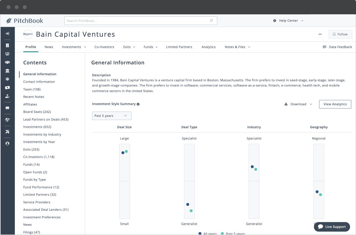 PitchBook fund profile showing Bain Capital Ventures’ investment style summary.