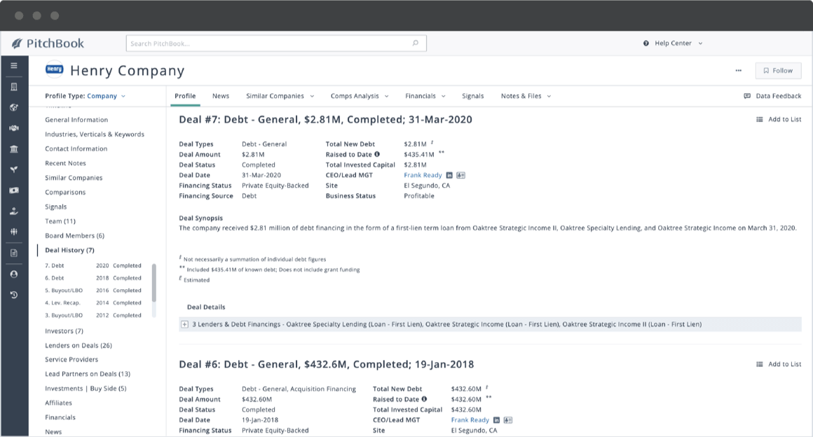 PitchBook company profile showing details of Henry Company’s March 2020 debt deal.