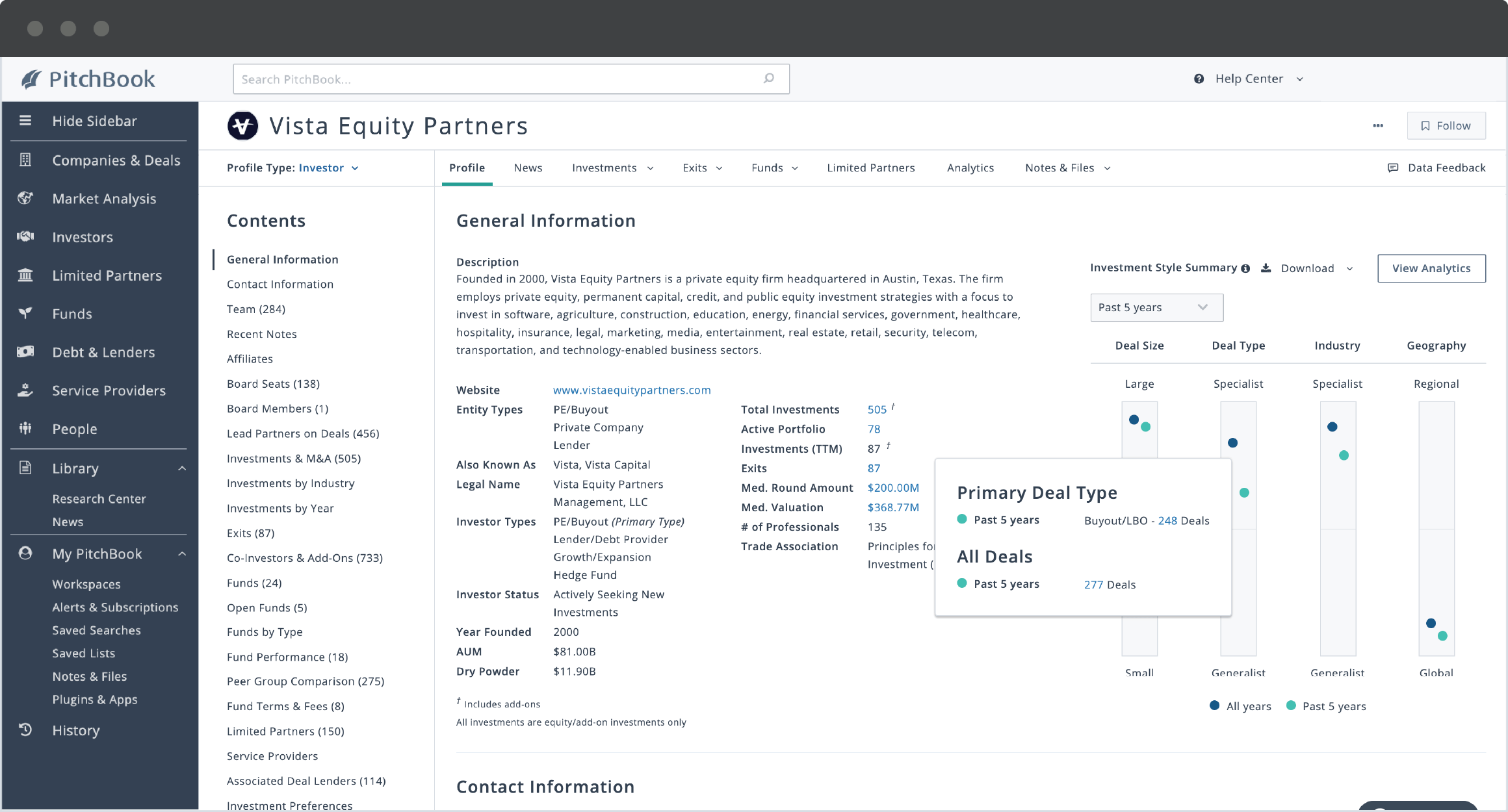 PitchBook investor profile showing Carlyle Group's firm information, including AUM, dry powder and investment preferences.