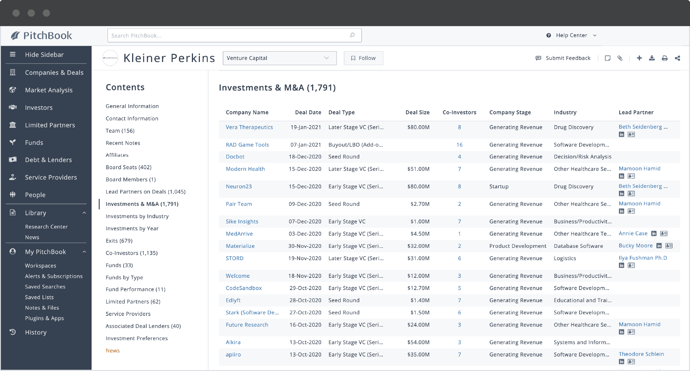 PitchBook investor profile showing Kleiner Perkins’ investments and M&A deals.