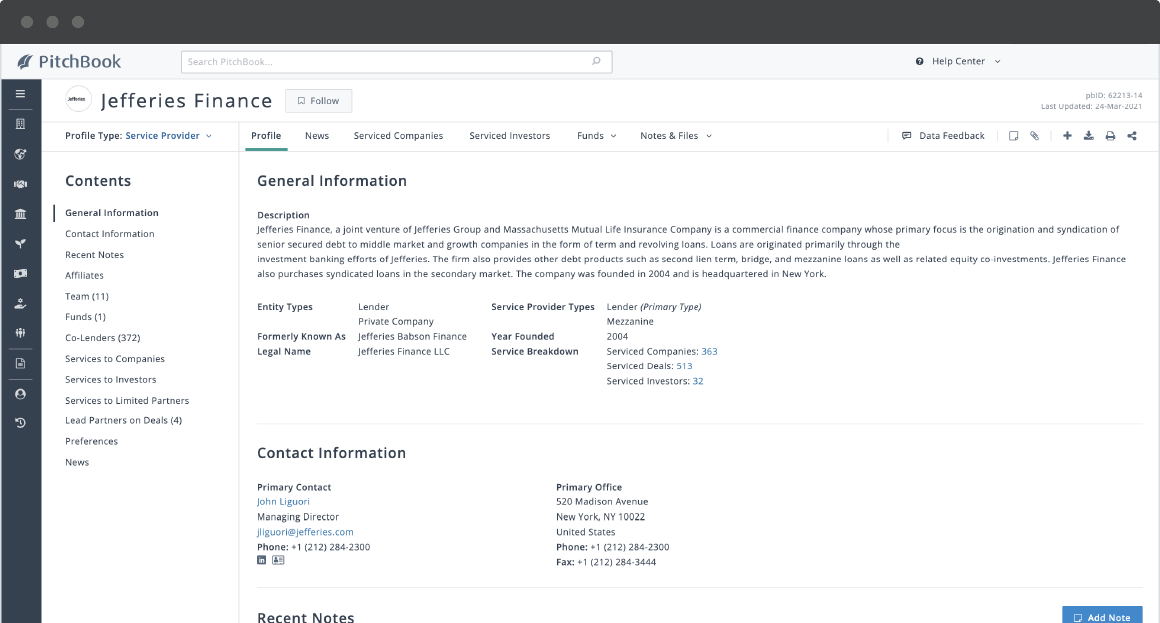 PitchBook advisor profile showing Jefferies Finance’s information, including service breakdown and contact info.
