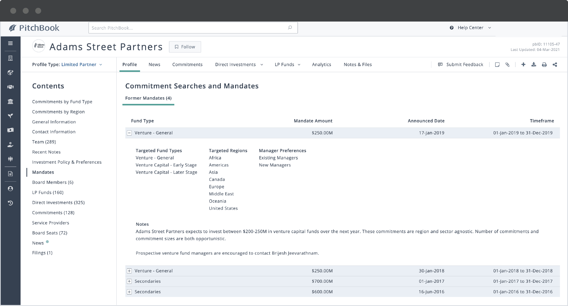 PitchBook limited partner profile showing Adams Street Partners’ former mandates.