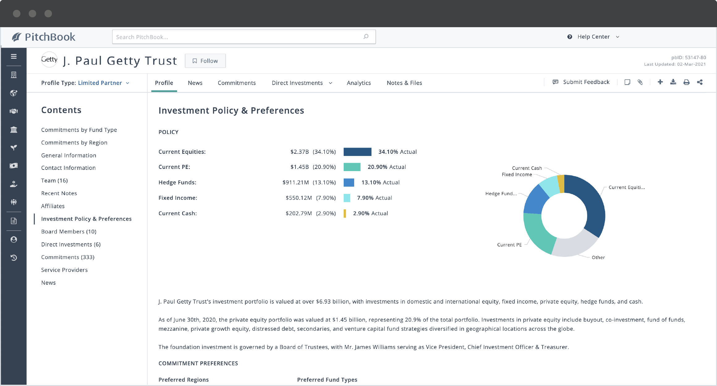 PitchBook limited partner profile showing J. Paul Getty Trust’s investment policy and preferences.