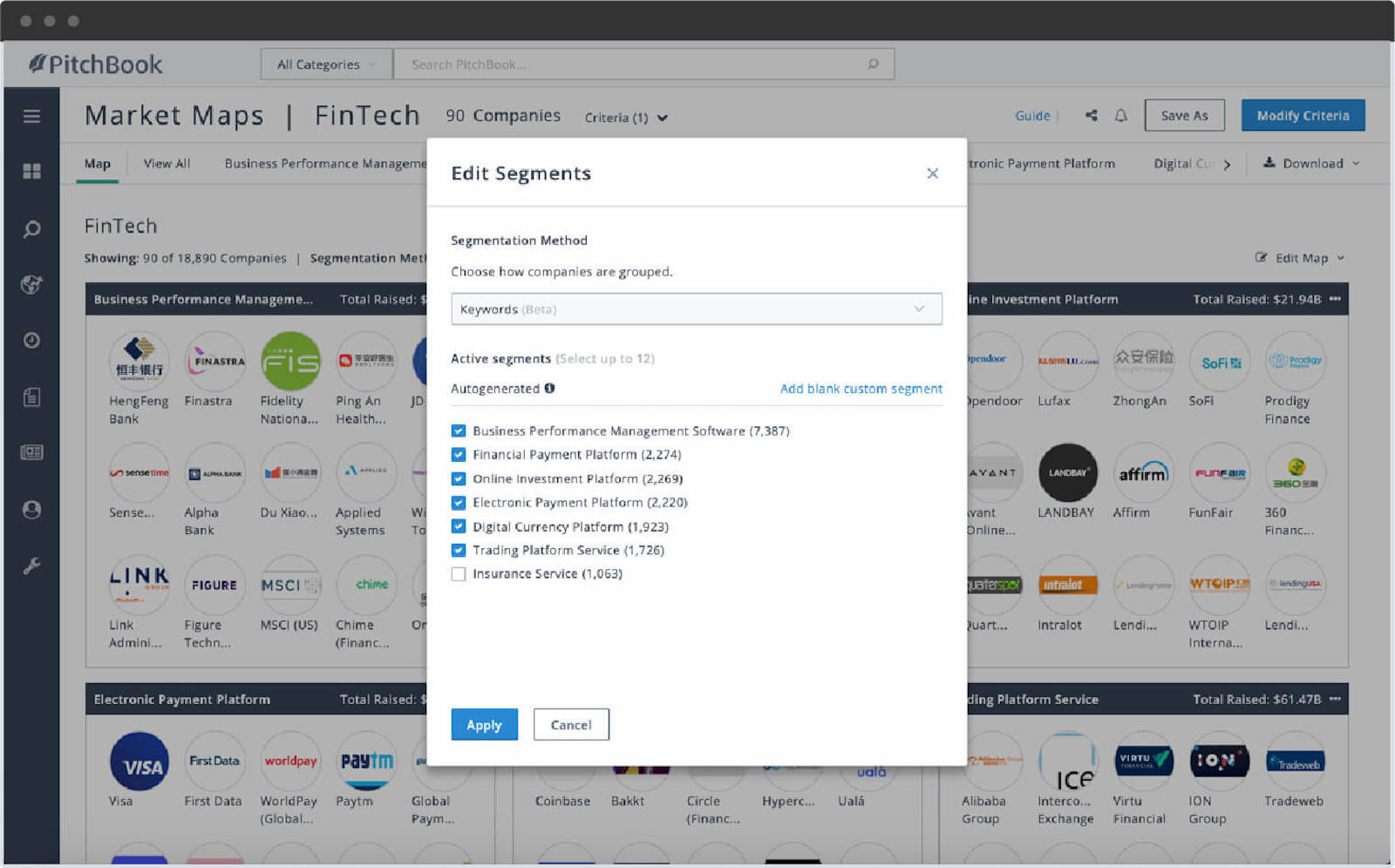 PitchBook market maps dialog box for segmentation method and active segments.