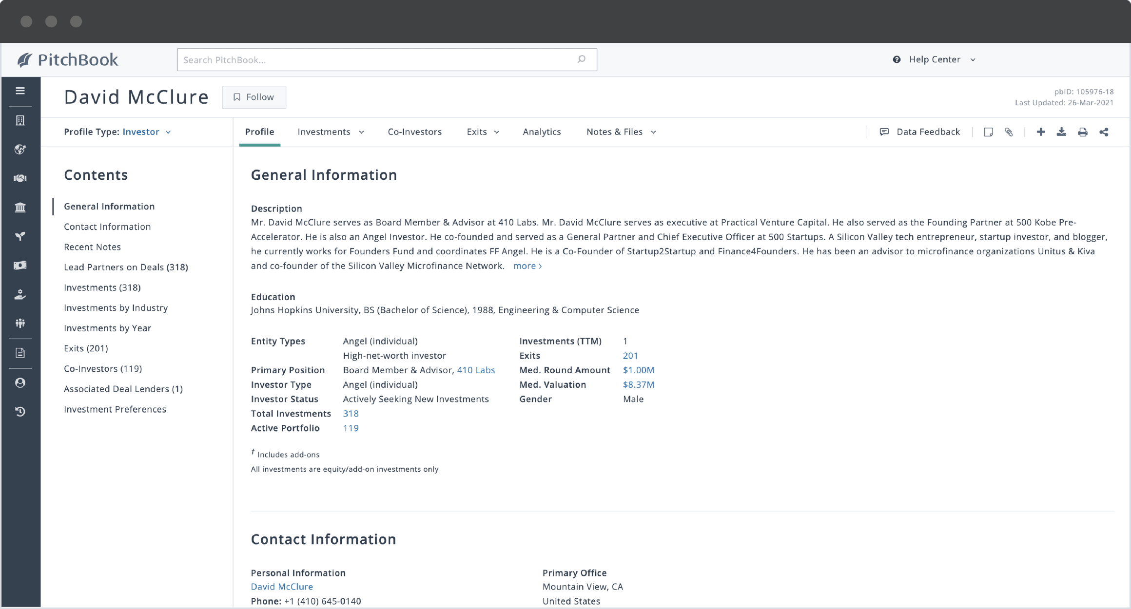 PitchBook person profile showing David McClure's employment history, education, industry experience and contact information. 