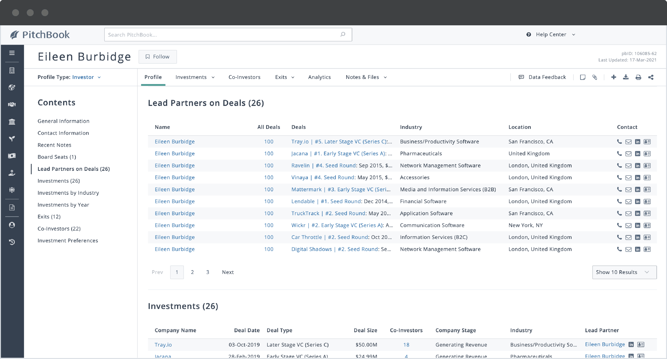 PitchBook person profile showing deals where Eileen Burbidge was the lead partner.