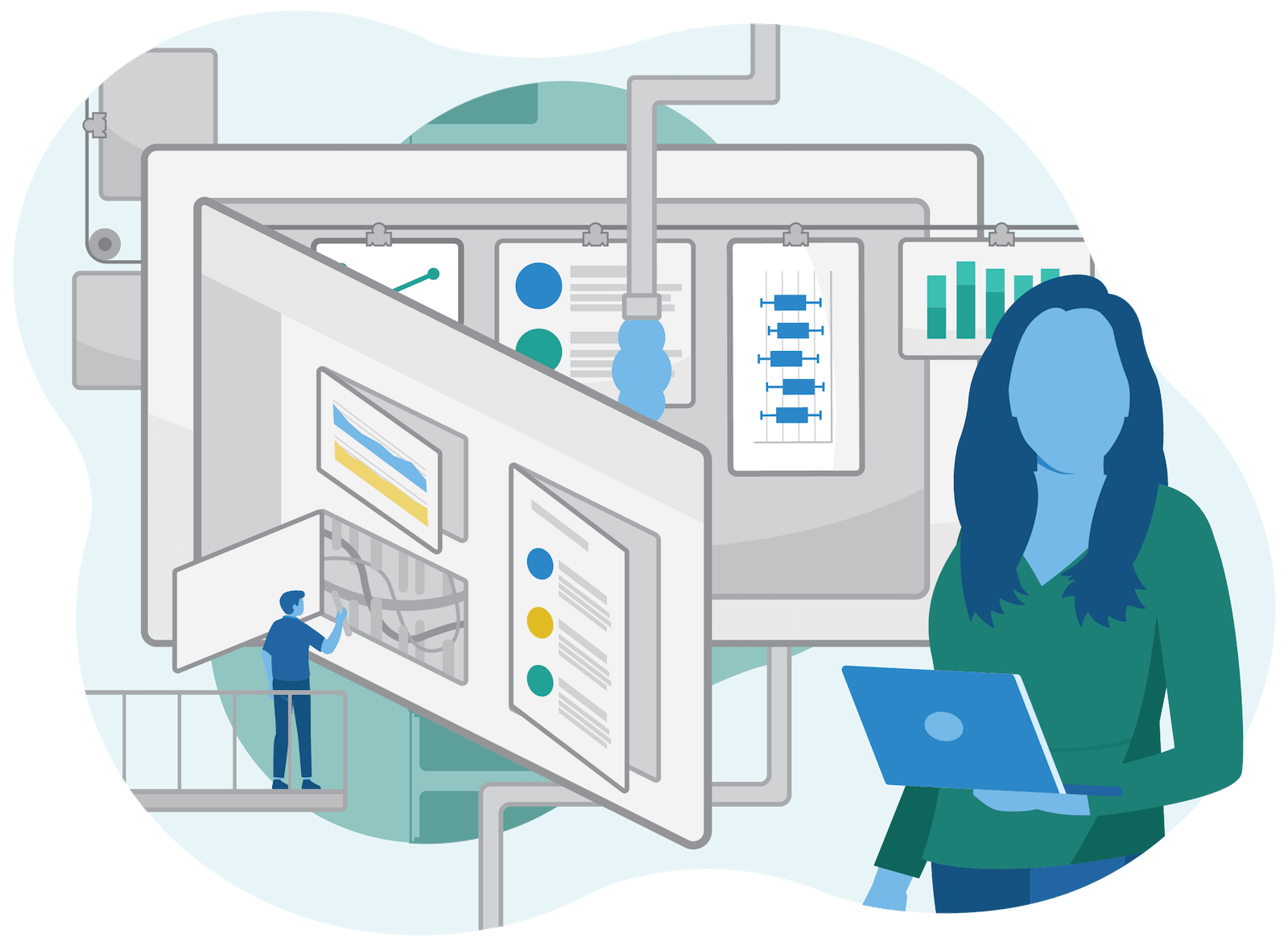 Illustration of researcher supervising data collection process while colleague inspects data point.