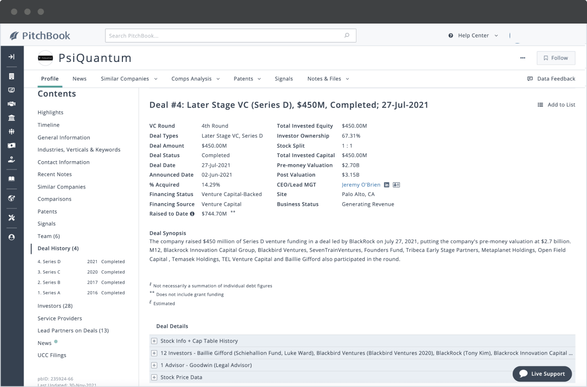 PitchBook company profile showing PsiQuantum’s deal history.