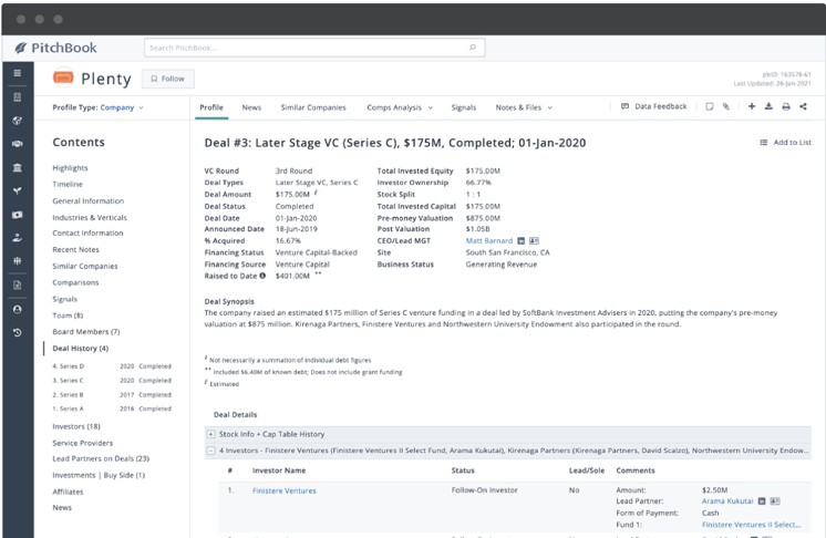 PitchBook company profile showing information about Plenty’s January 2021 Series C deal.